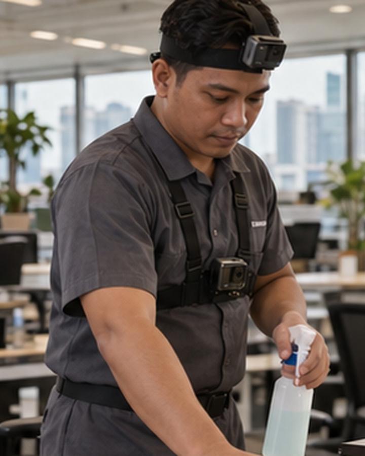 Facility services recorder at work with a head camera