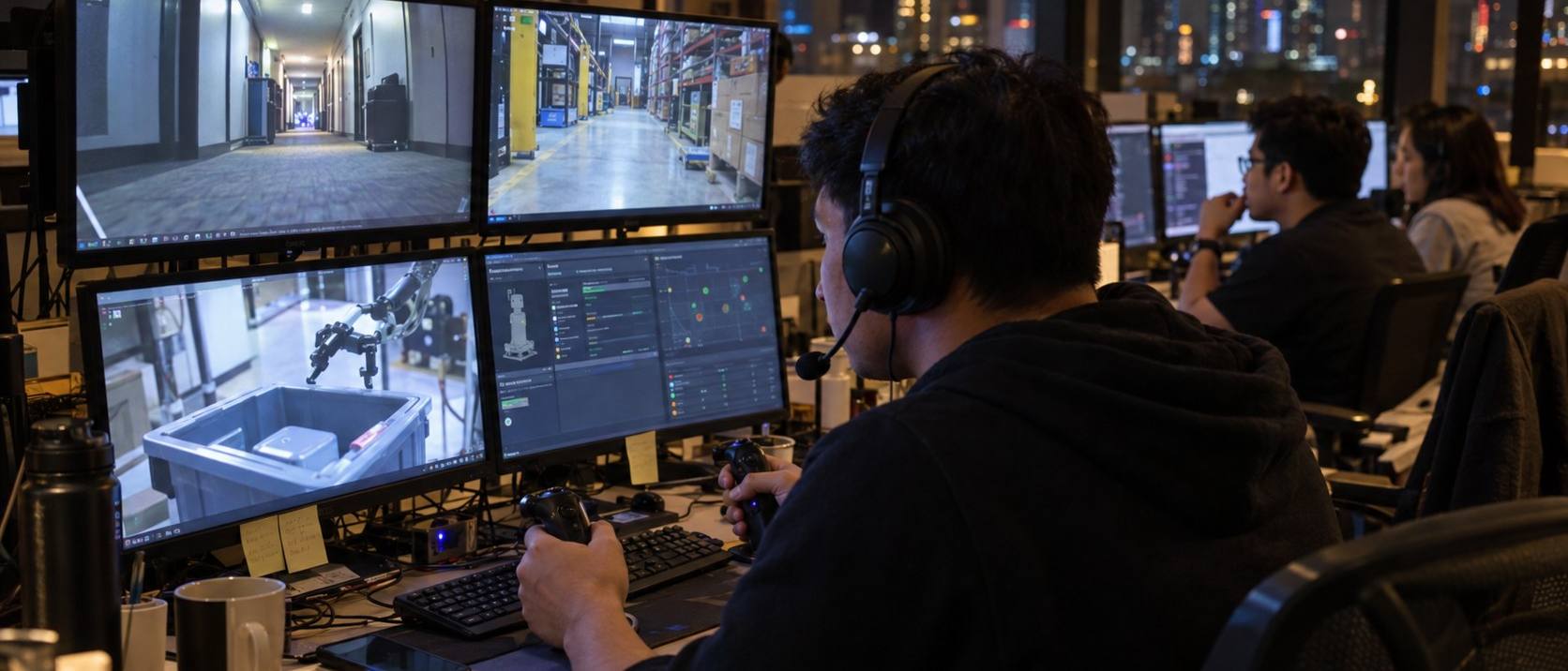 Teleoperators at multi-screen stations in the Manila operations centre at night