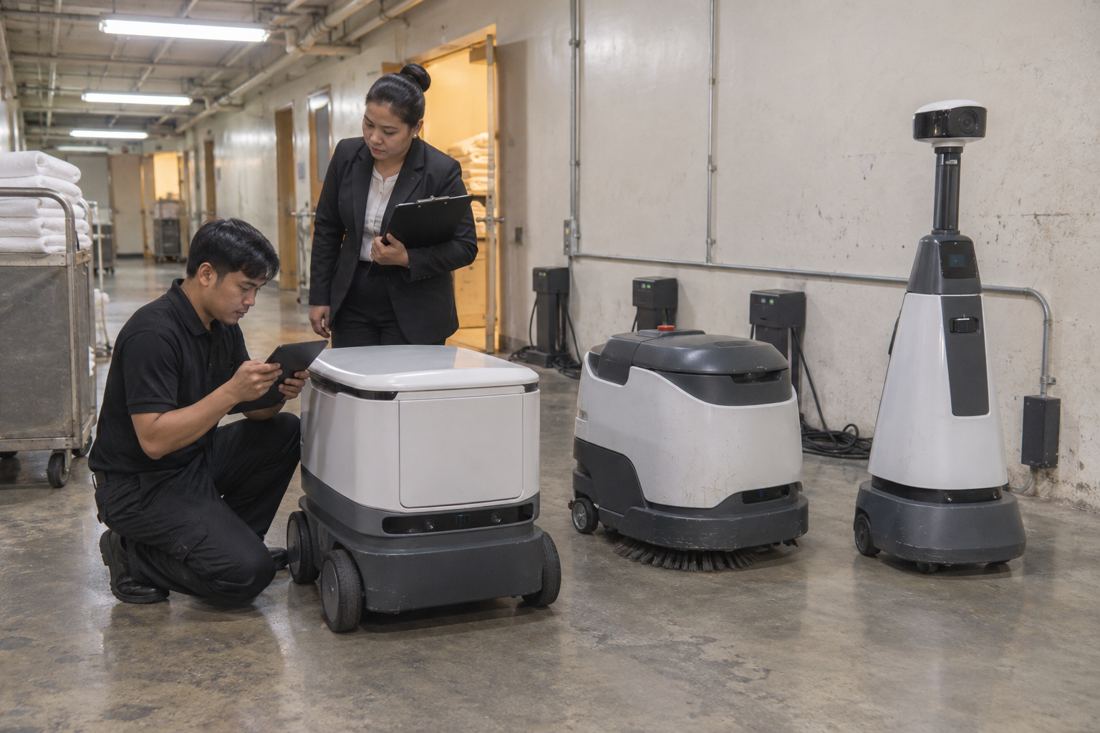 A technician checks a delivery robot on a tablet beside a hotel manager, with a floor-scrubbing robot and a security robot ready in a back-of-house corridor